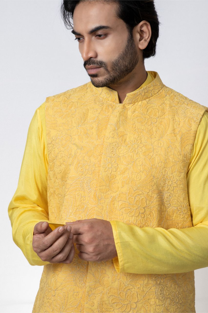 Yellow Heavy Embroidered Bundi