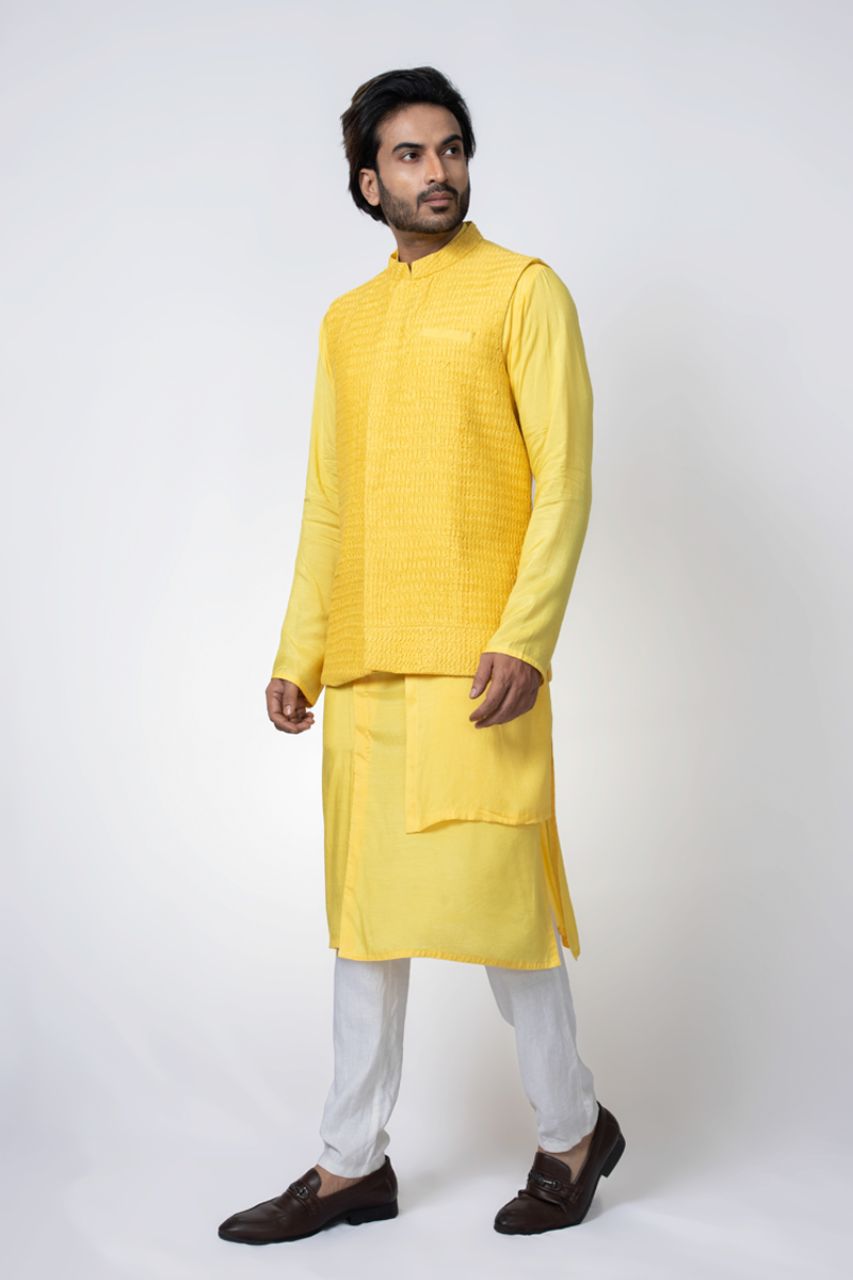 Yellow Layer Stylish Kurta With Heavy Pintux And Emroidered Bundi Pajama Set