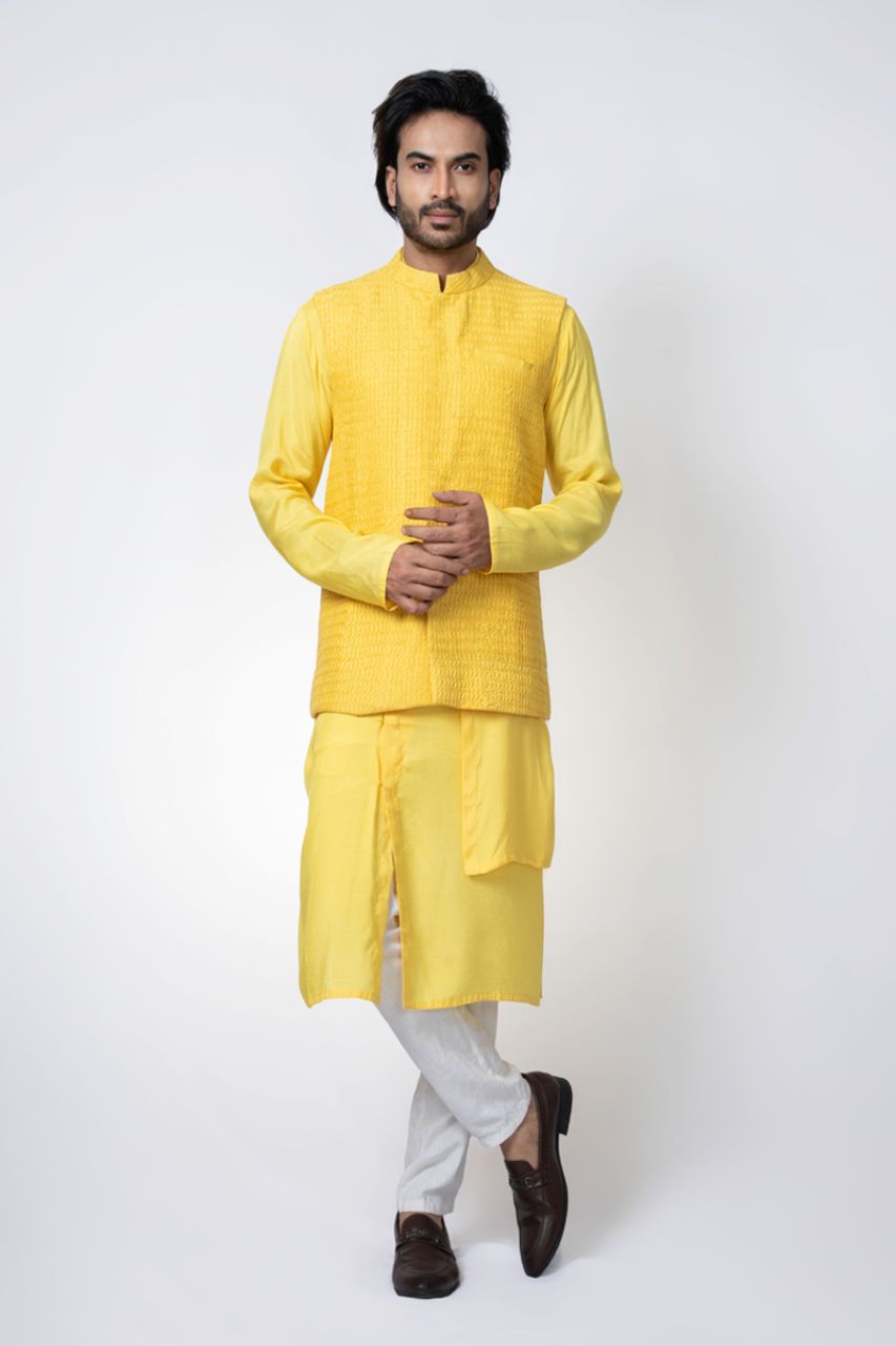 Yellow Layer Stylish Kurta With Heavy Pintux And Emroidered Bundi Pajama Set