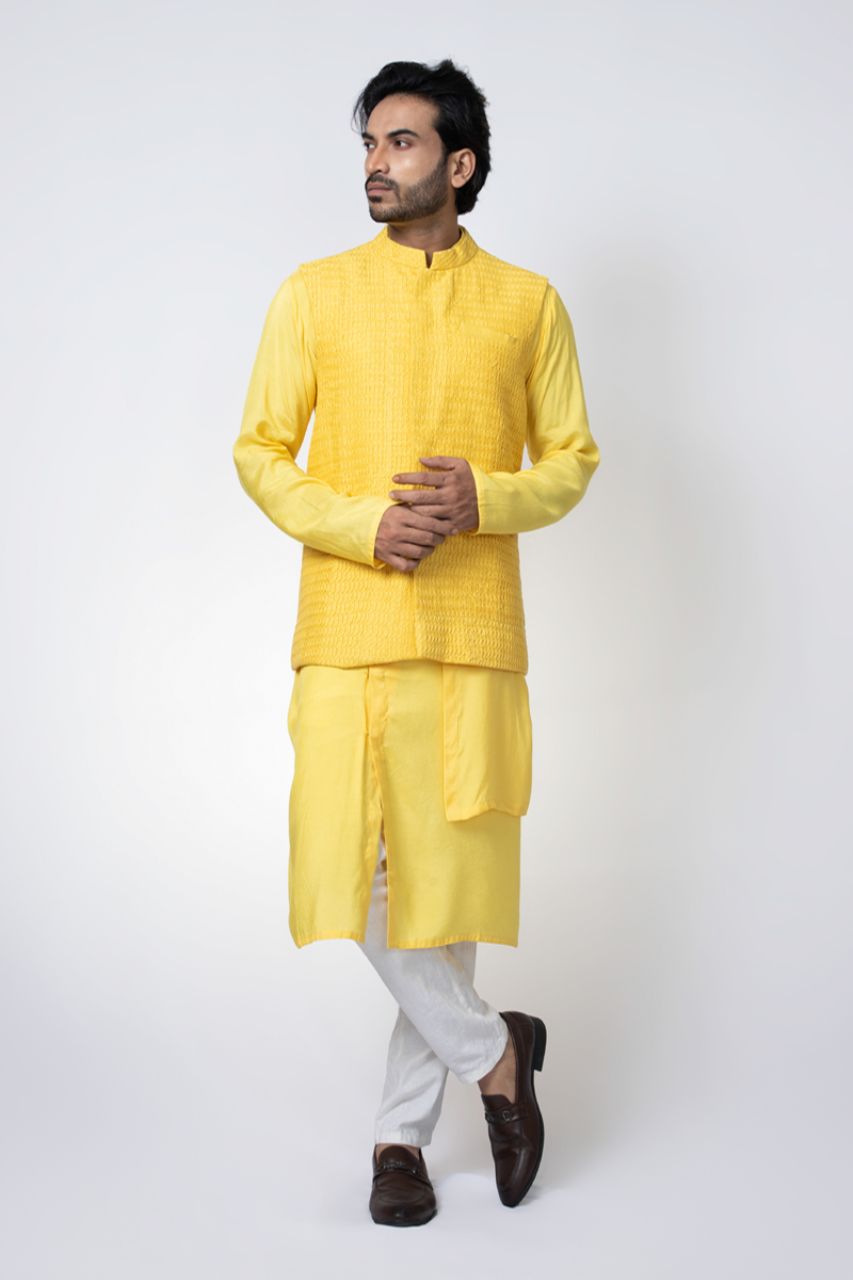 Yellow Layer Stylish Kurta With Heavy Pintux And Emroidered Bundi Pajama Set