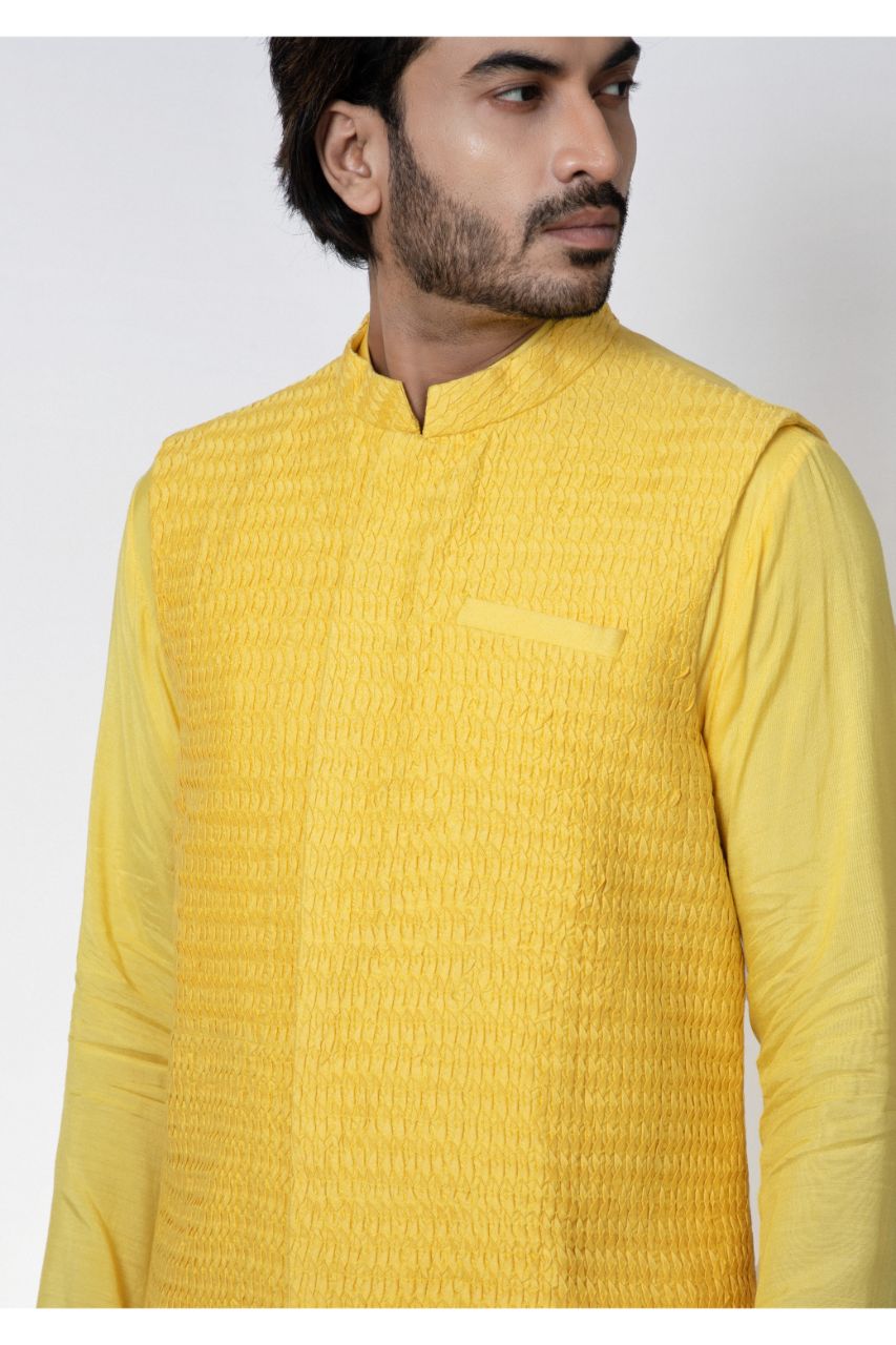 Yellow Layer Stylish Kurta With Heavy Pintux And Emroidered Bundi Pajama Set