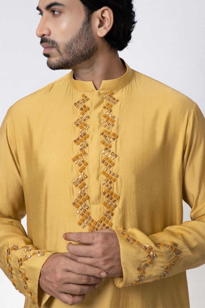 Mustard Zardosi Hand Embroidered Kurta Pajama Set