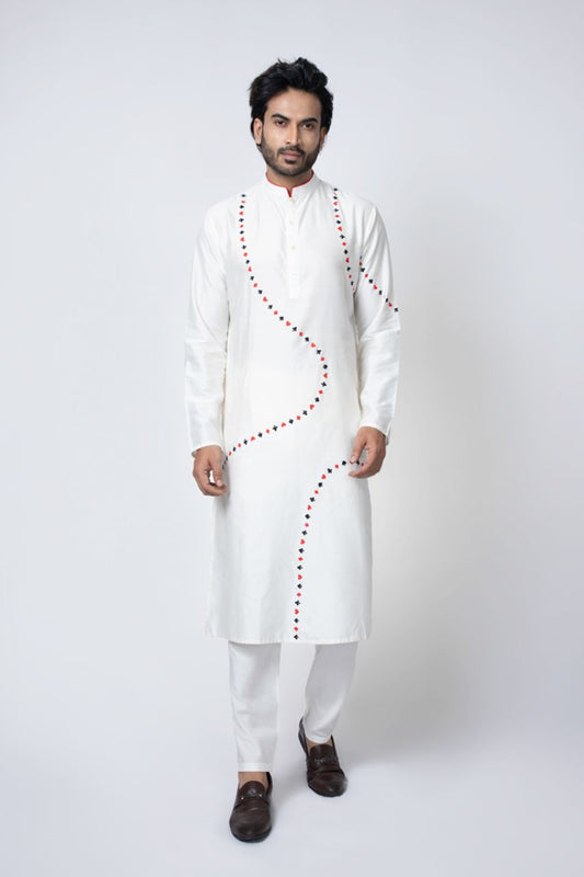 Cards Theme Embroidered White Kurta Pajama Set