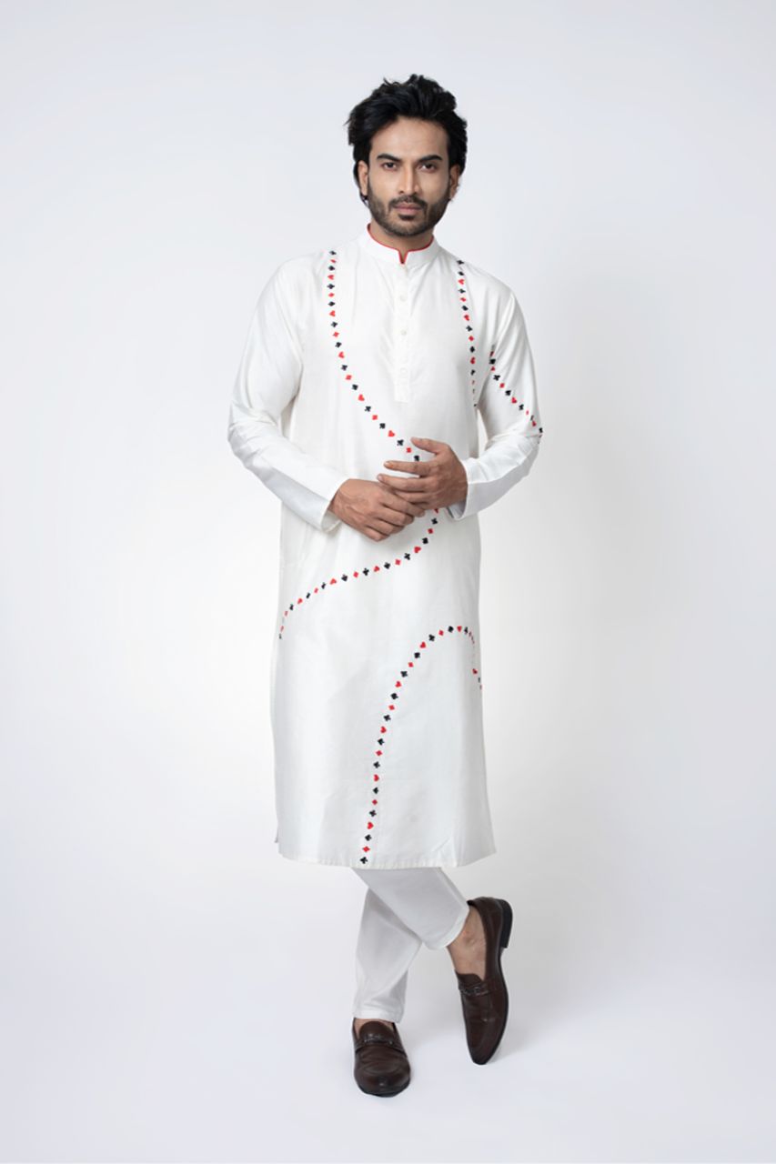 Cards Theme Embroidered White Kurta Pajama Set