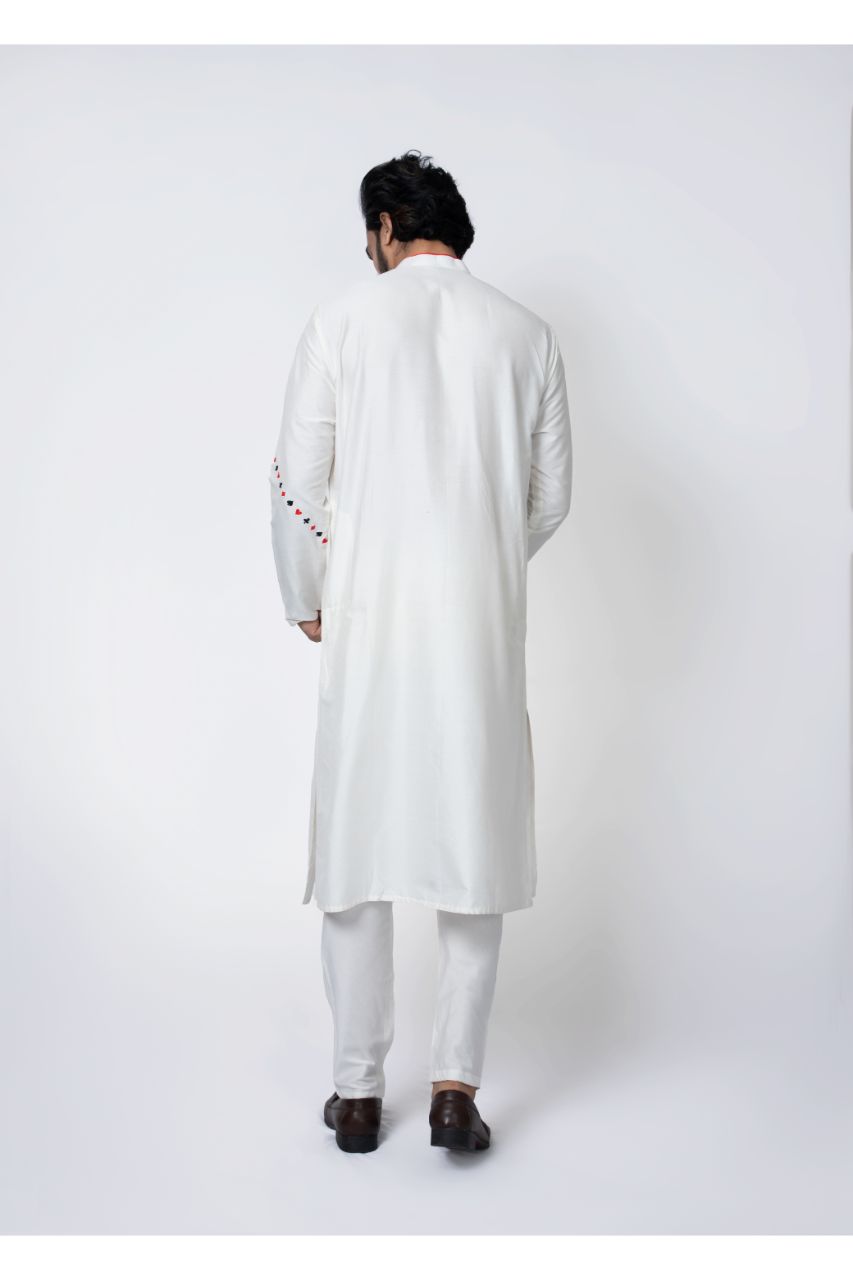 Cards Theme Embroidered White Kurta Pajama Set
