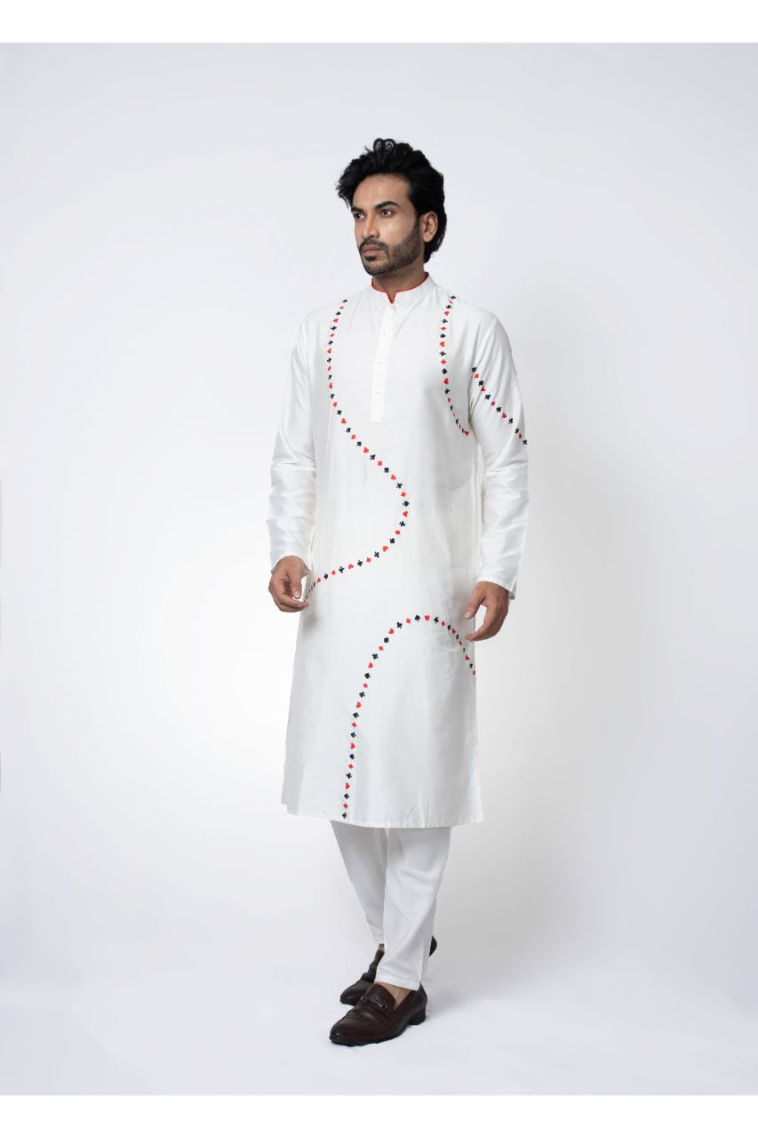 Cards Theme Embroidered White Kurta Pajama Set