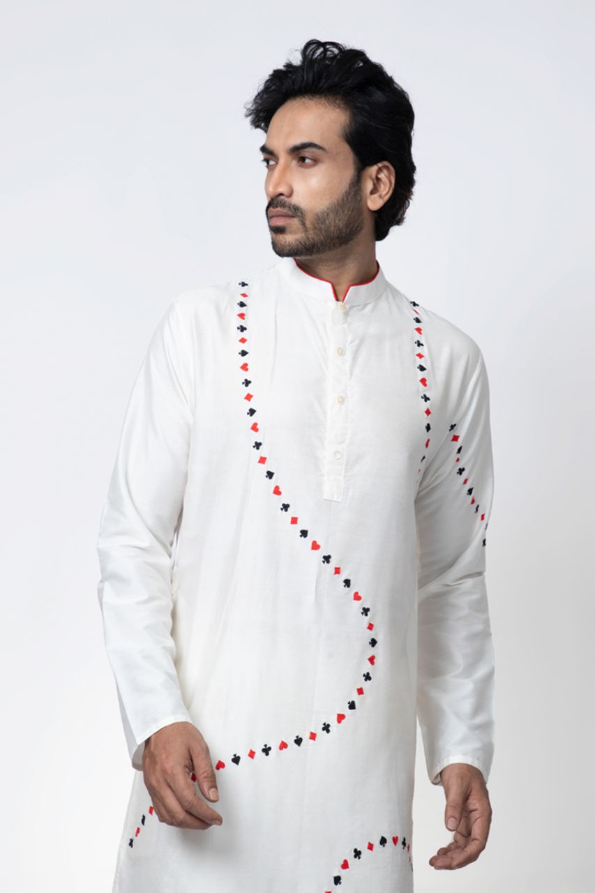 Cards Theme Embroidered White Kurta Pajama Set