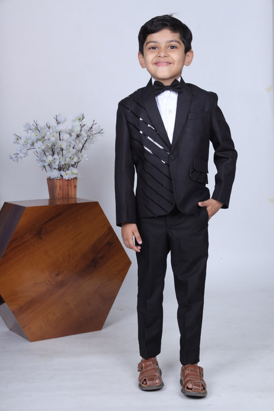 Black Tuxedo With Stylish Panel/ Shirt Pant With Bowtie Set
