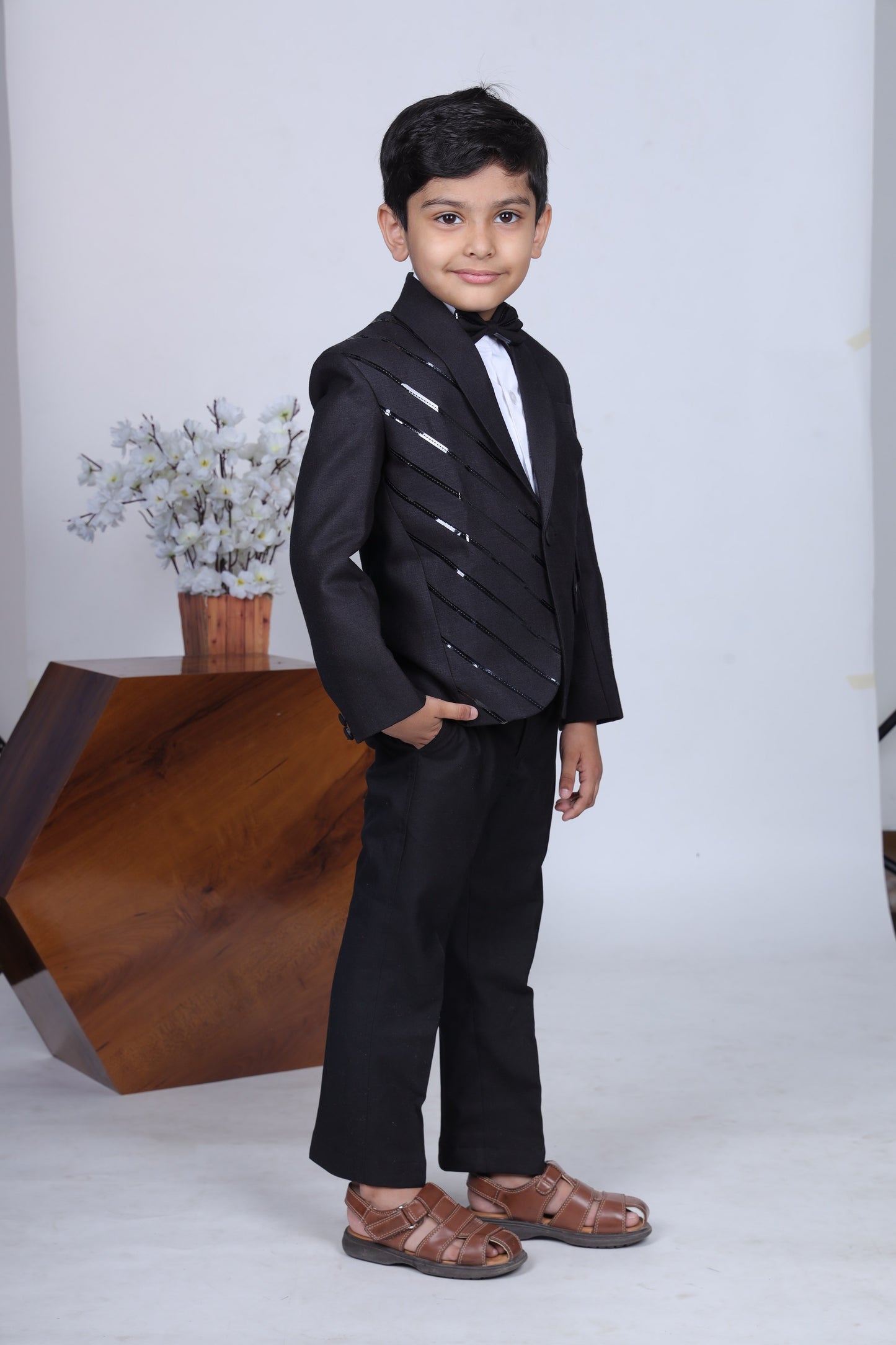 Black Tuxedo With Stylish Panel/ Shirt Pant With Bowtie Set