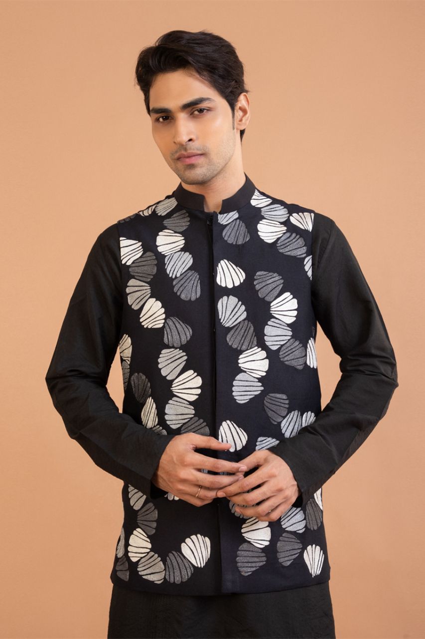 Black Kurta With Heavy Thread Embroidered Bundi Pajama Set