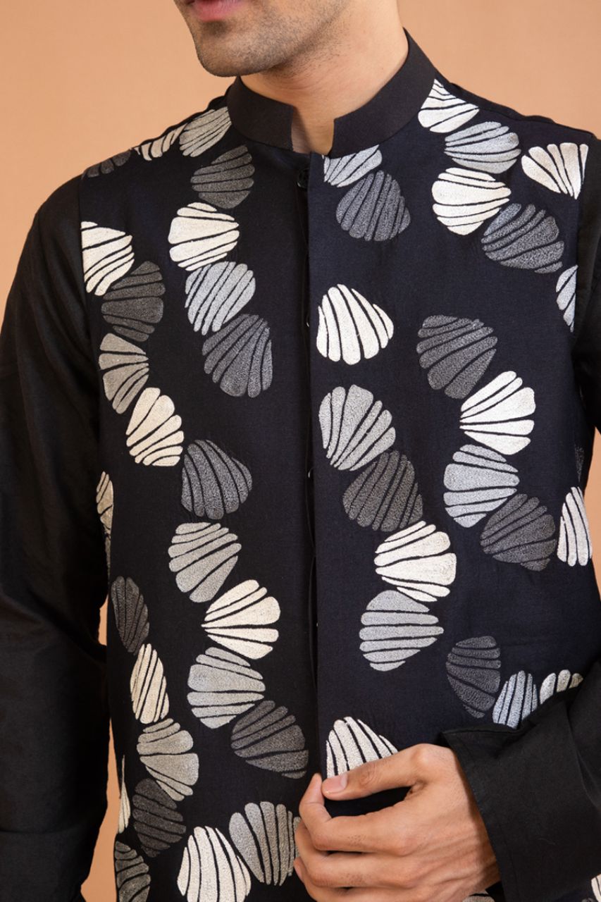 Black Kurta With Heavy Thread Embroidered Bundi Pajama Set