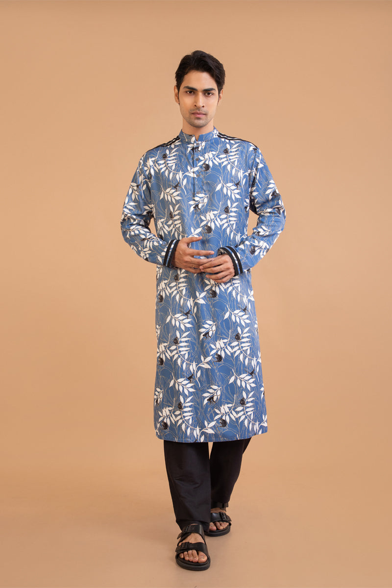 Blue Monkey Print Stylish Panel Kurta Set