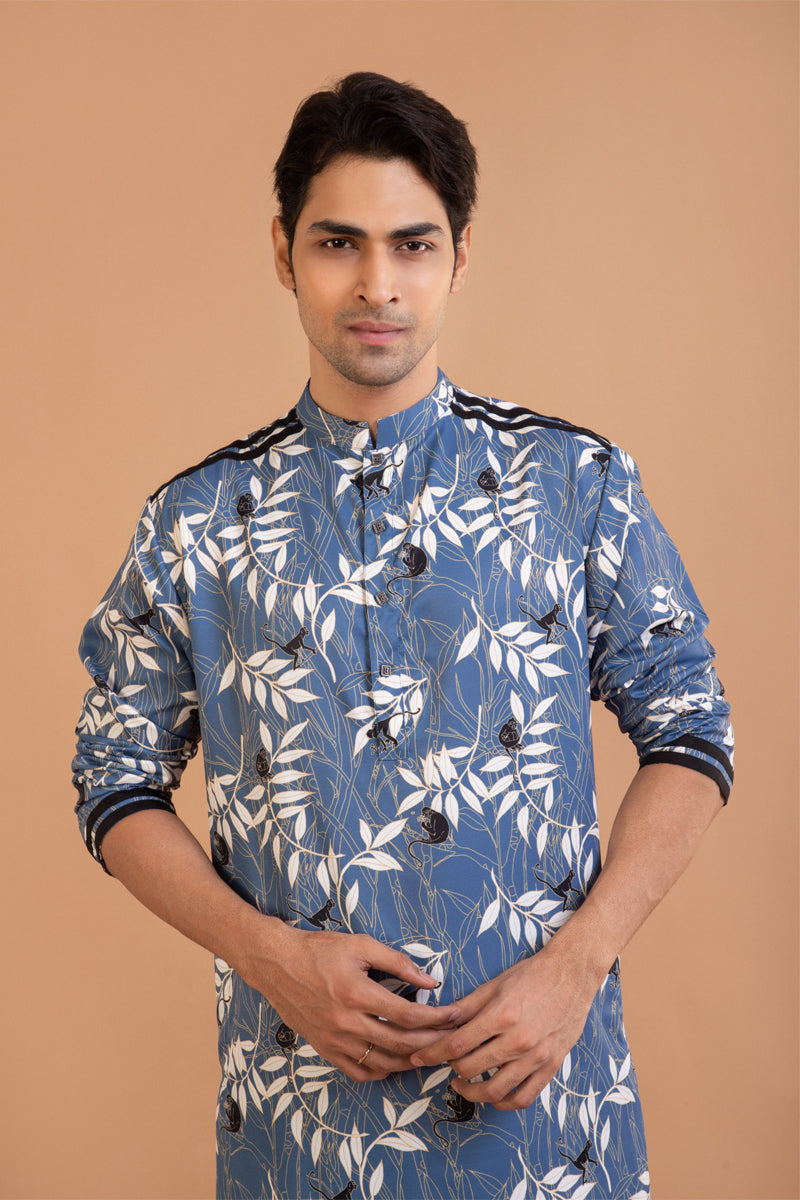 Blue Monkey Print Stylish Panel Kurta Set