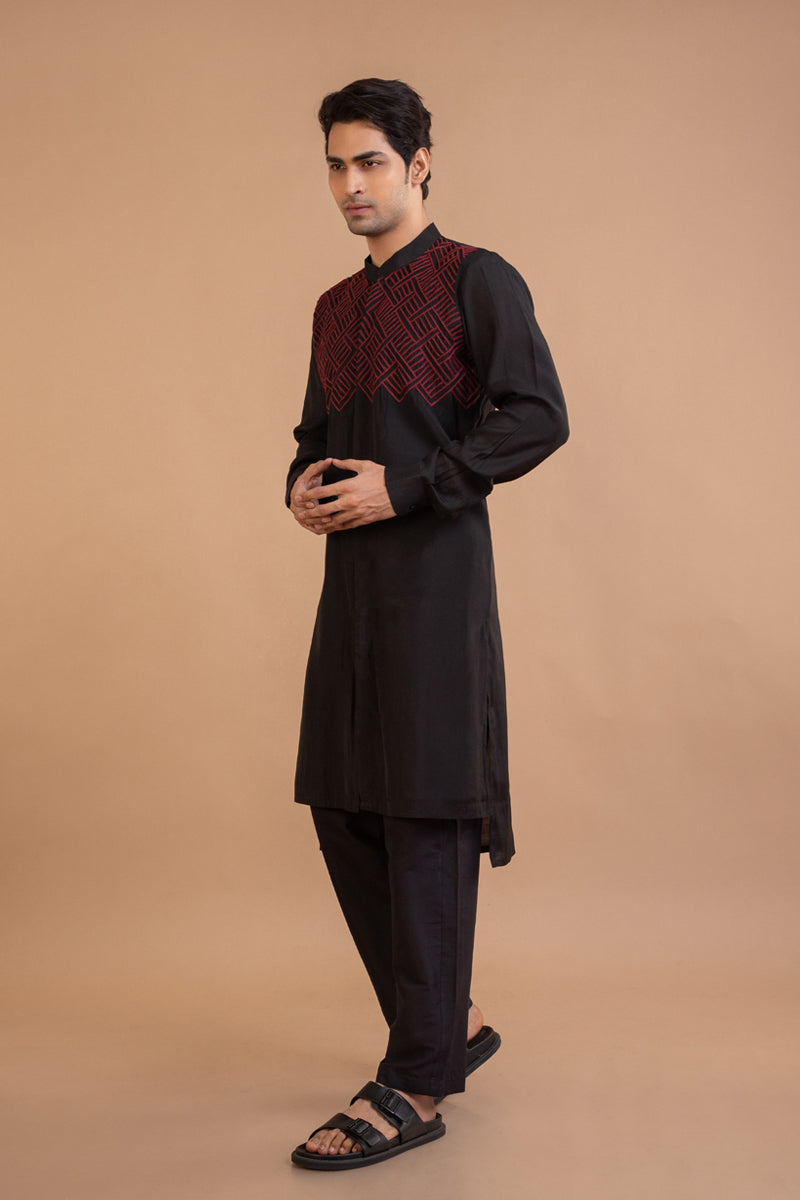 Black Heavy Thread Hand Embroidery Kurta Set