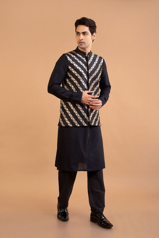 Black Kurta With Heavy Zari Embroidered Bundi Pajama Set