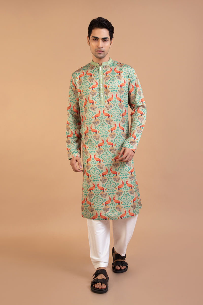 Pista Green Peacock Print Kurta With Pintux Collar Pajama Set