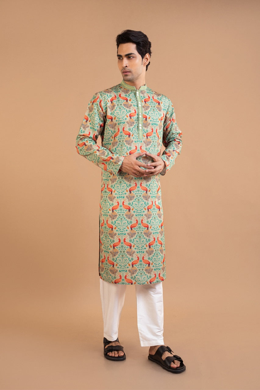 Pista Green Peacock Print Kurta With Pintux Collar Pajama Set