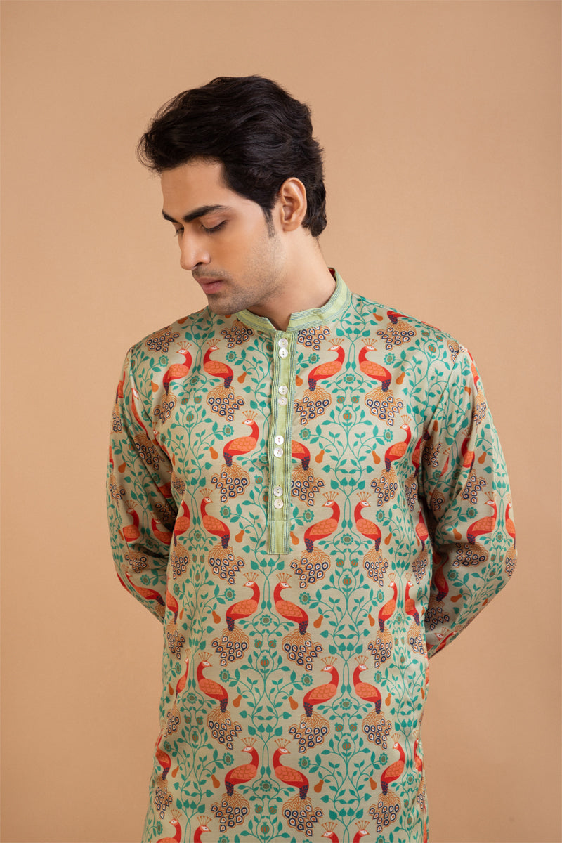 Pista Green Peacock Print Kurta With Pintux Collar Pajama Set