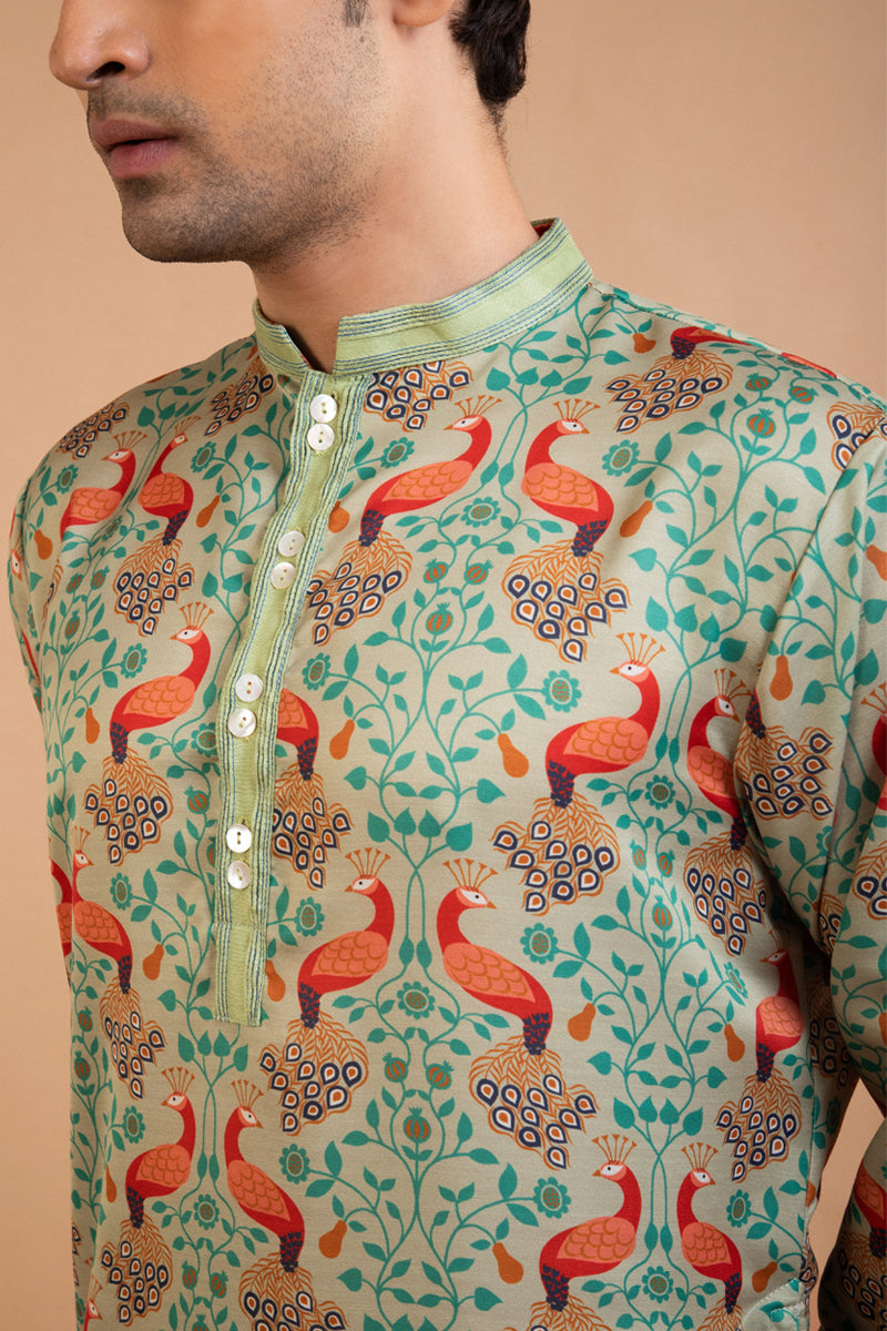 Pista Green Peacock Print Kurta With Pintux Collar Pajama Set