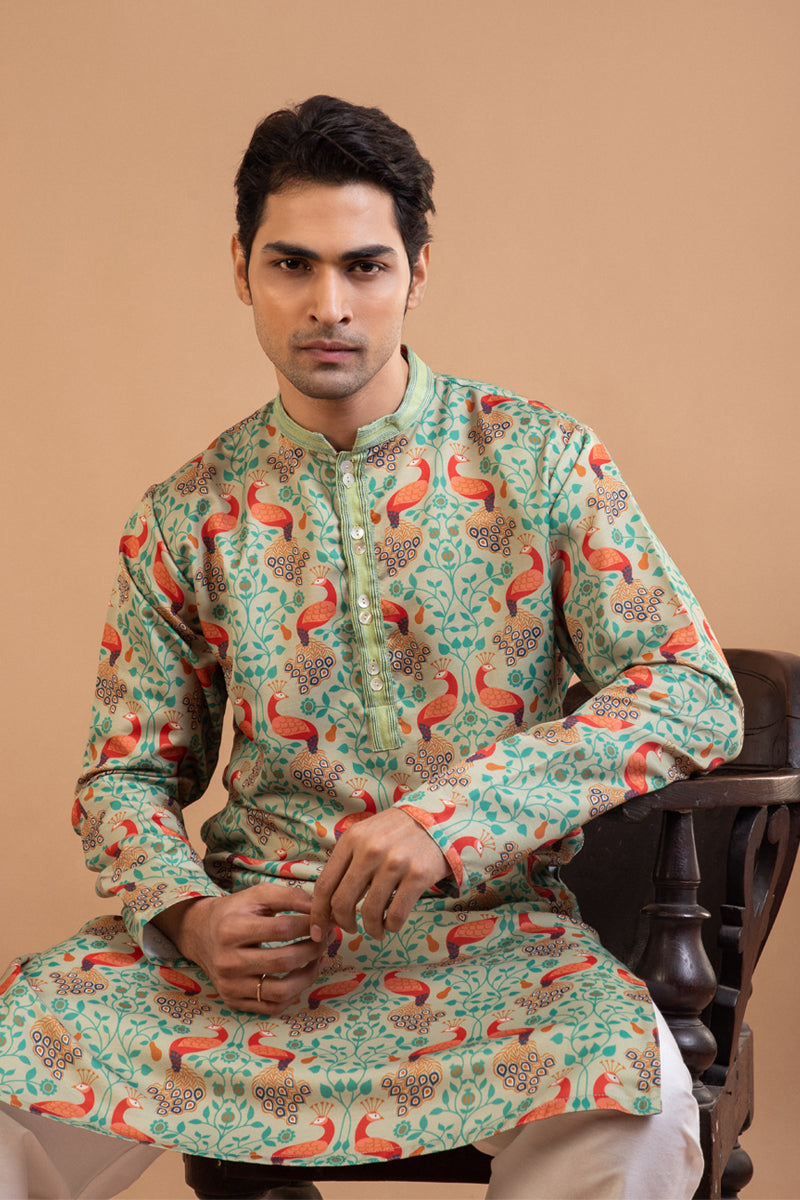 Pista Green Peacock Print Kurta With Pintux Collar Pajama Set