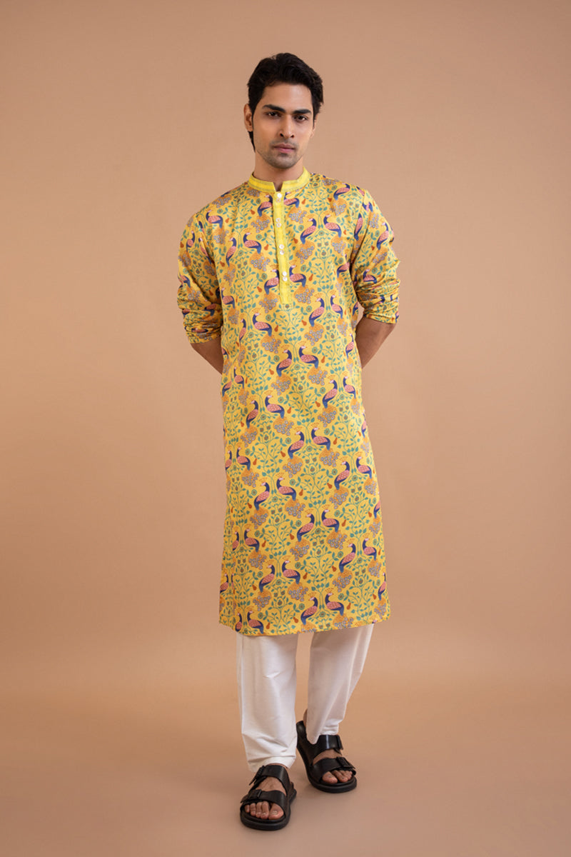 Yellow Peacock Print Kurta With Pintux Collar Pajama Set