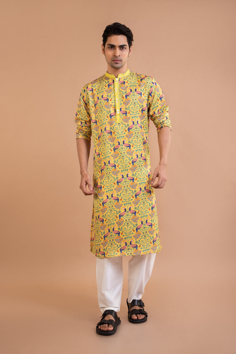 Yellow Peacock Print Kurta With Pintux Collar Pajama Set