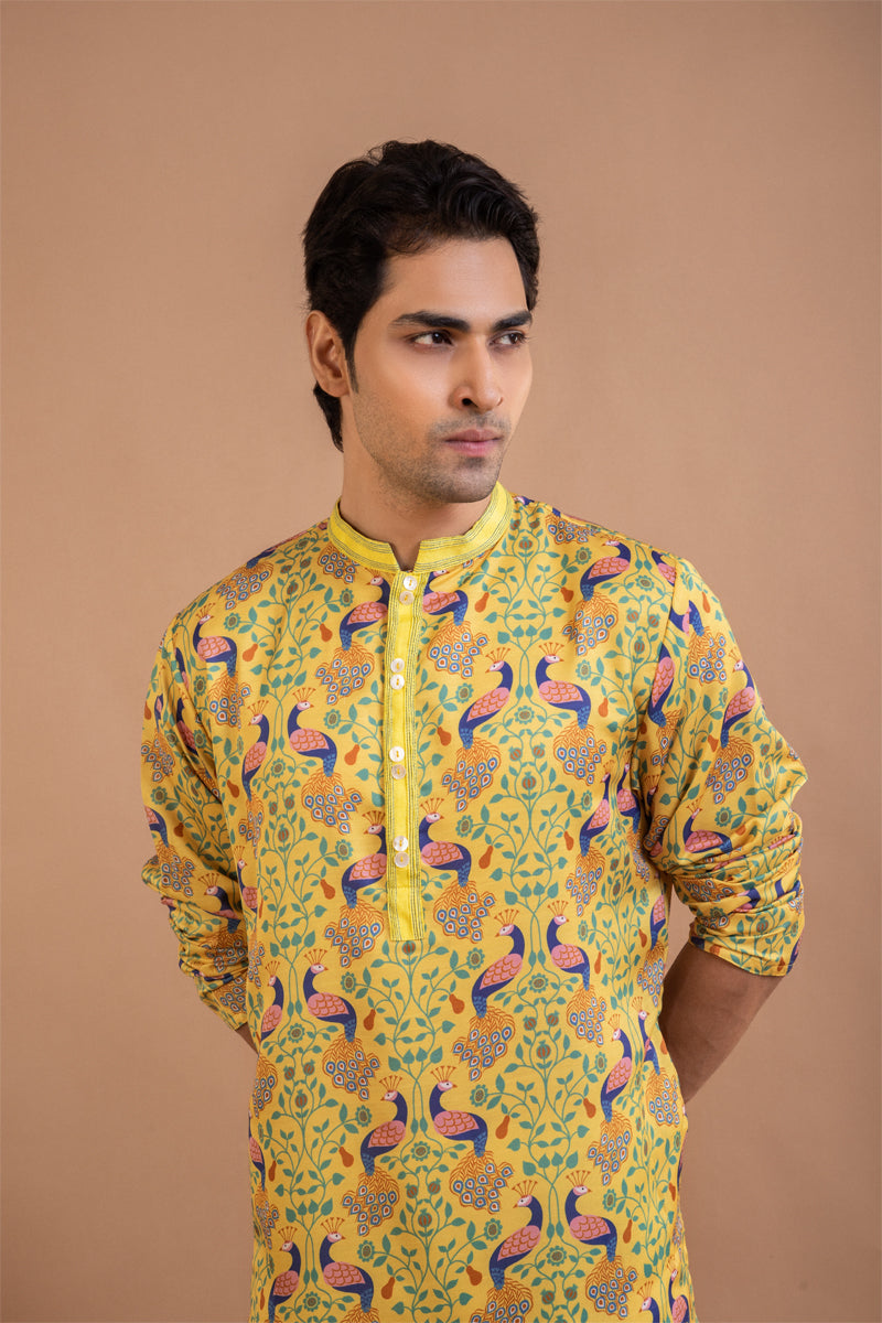 Yellow Peacock Print Kurta With Pintux Collar Pajama Set