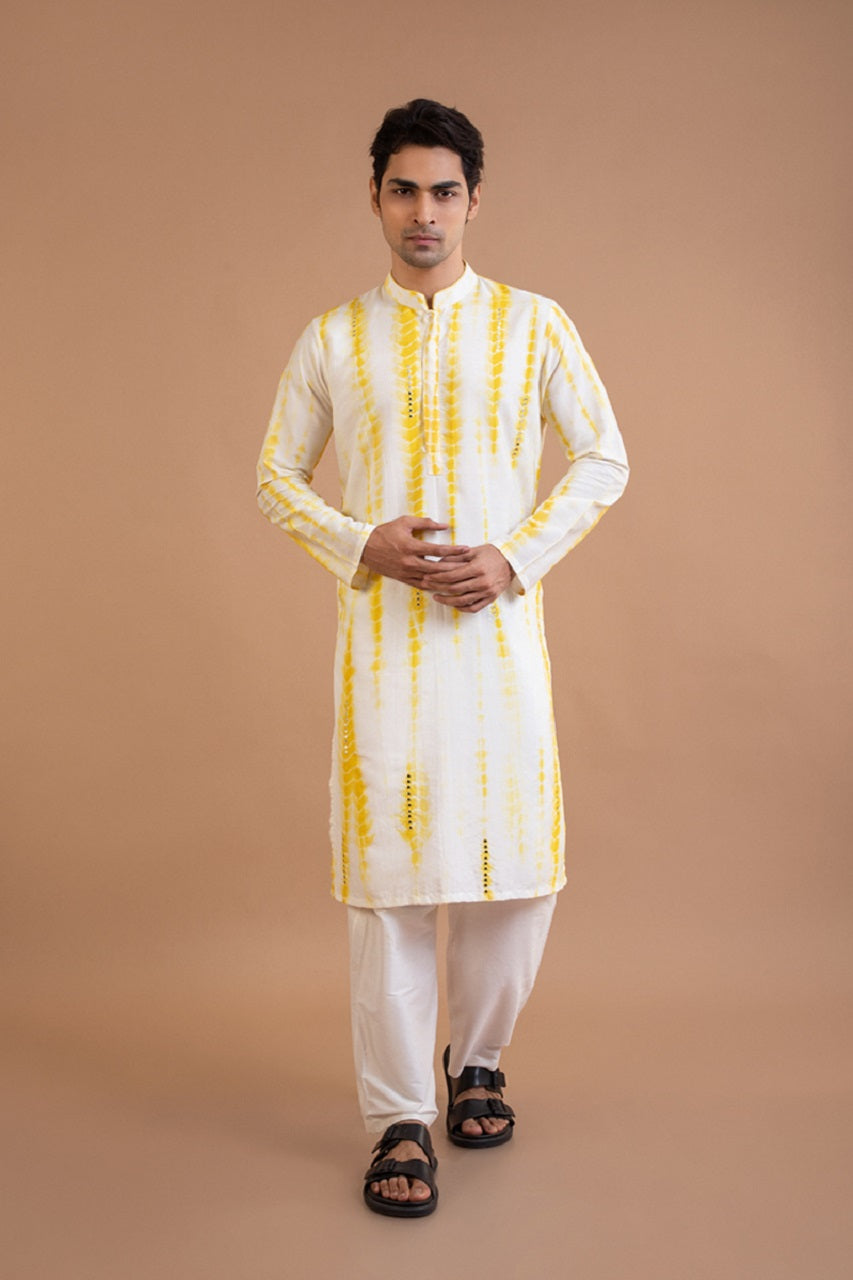 Yellow Tie And Dye Mirror Work Kurta Set