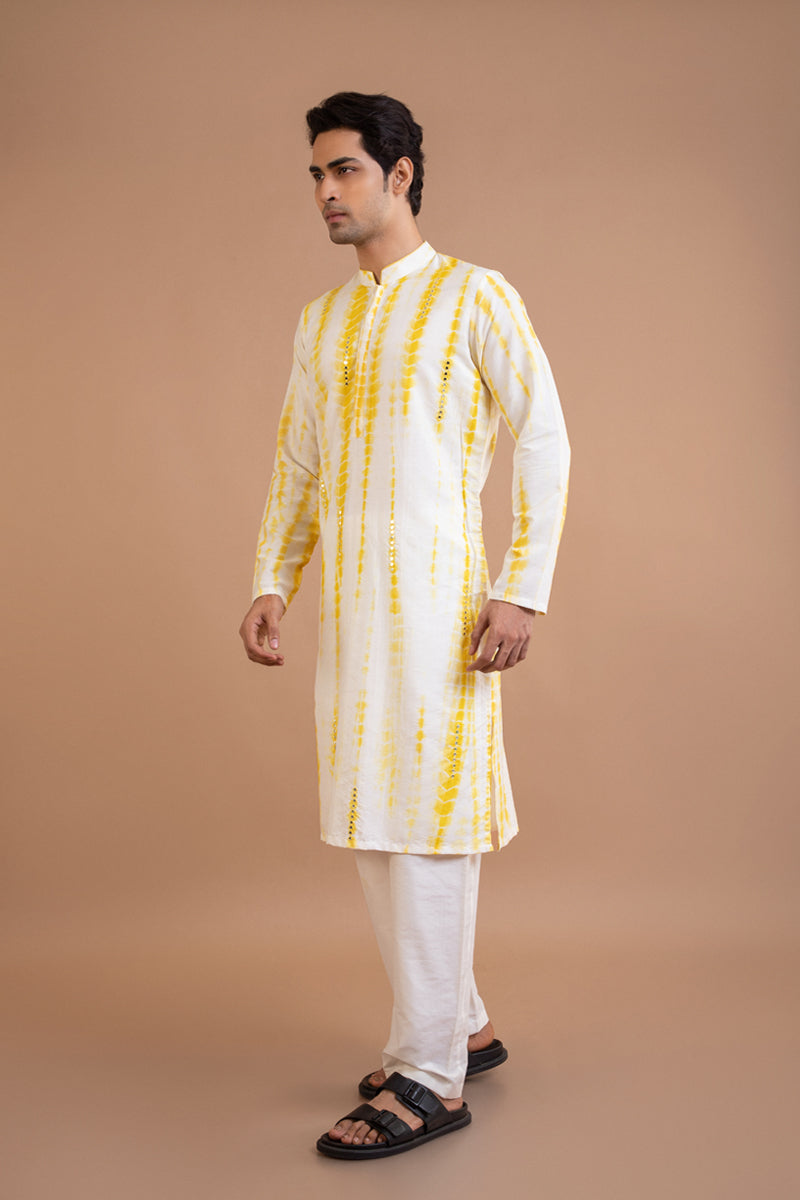 Yellow Tie And Dye Mirror Work Kurta Set