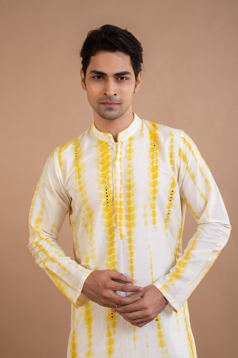 Yellow Tie And Dye Mirror Work Kurta Set