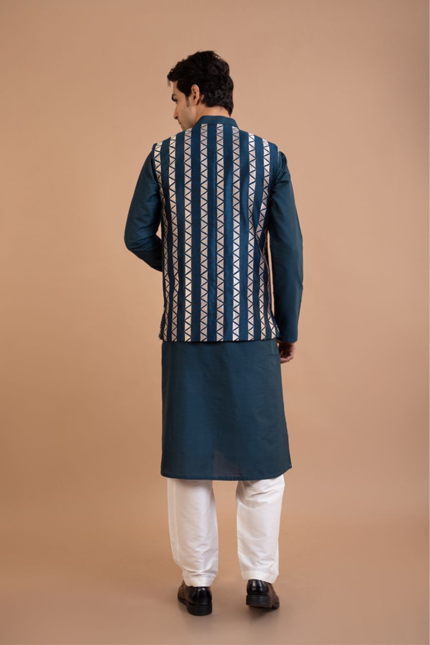 Dark Blue Kurta With Heavy Zari Embroidered Bundi Pajama Set