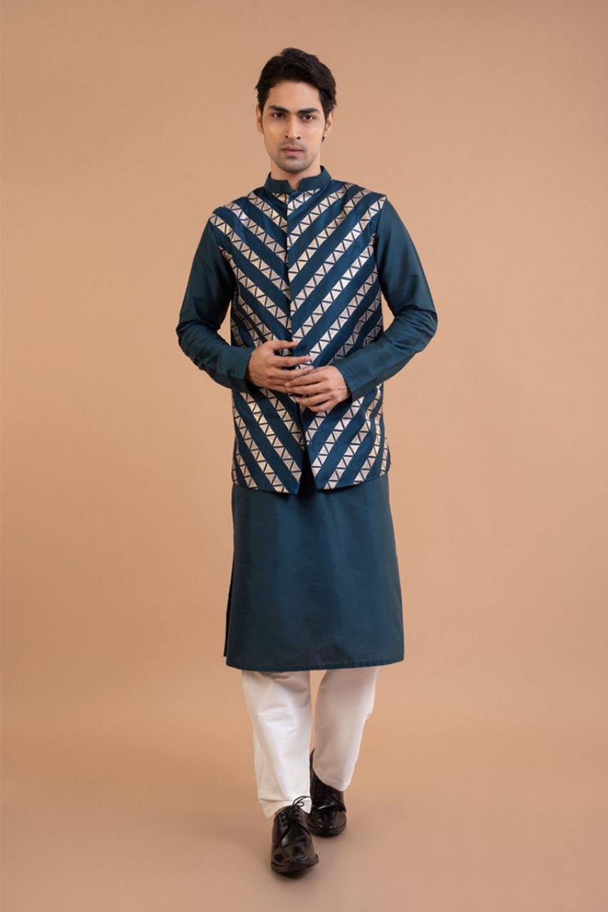 Dark Blue Kurta With Heavy Zari Embroidered Bundi Pajama Set