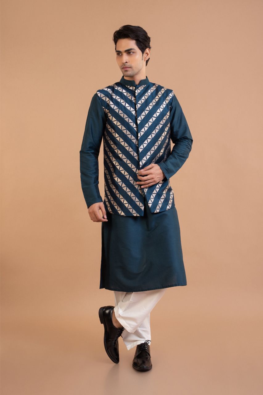 Dark Blue Kurta With Heavy Zari Embroidered Bundi Pajama Set