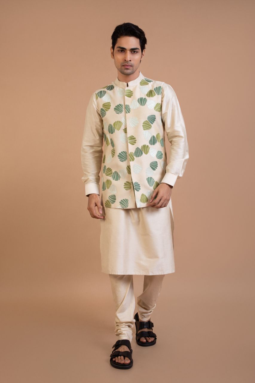 Beige Plain Kurta With Quirky Emroidered Bundi Churidar Set