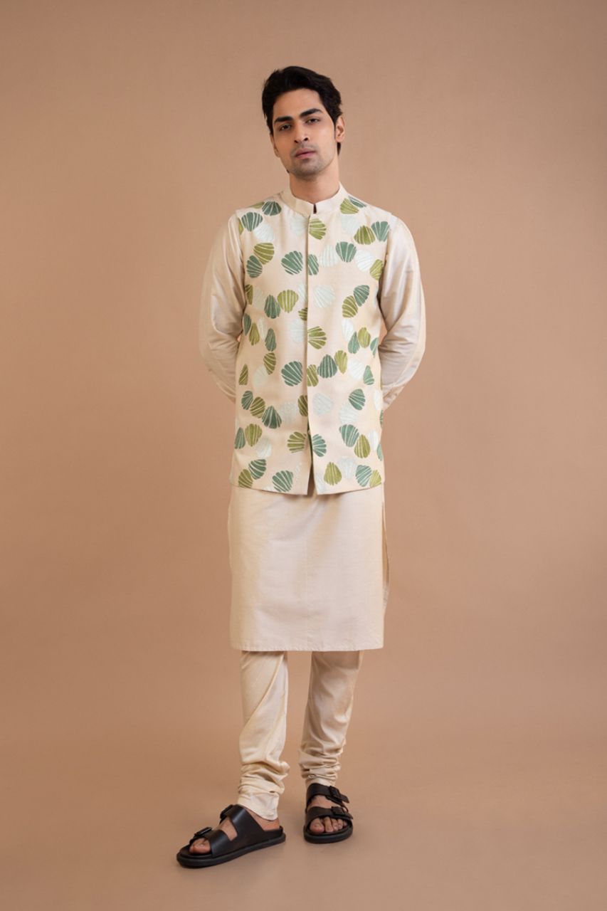 Beige Plain Kurta With Quirky Emroidered Bundi Churidar Set