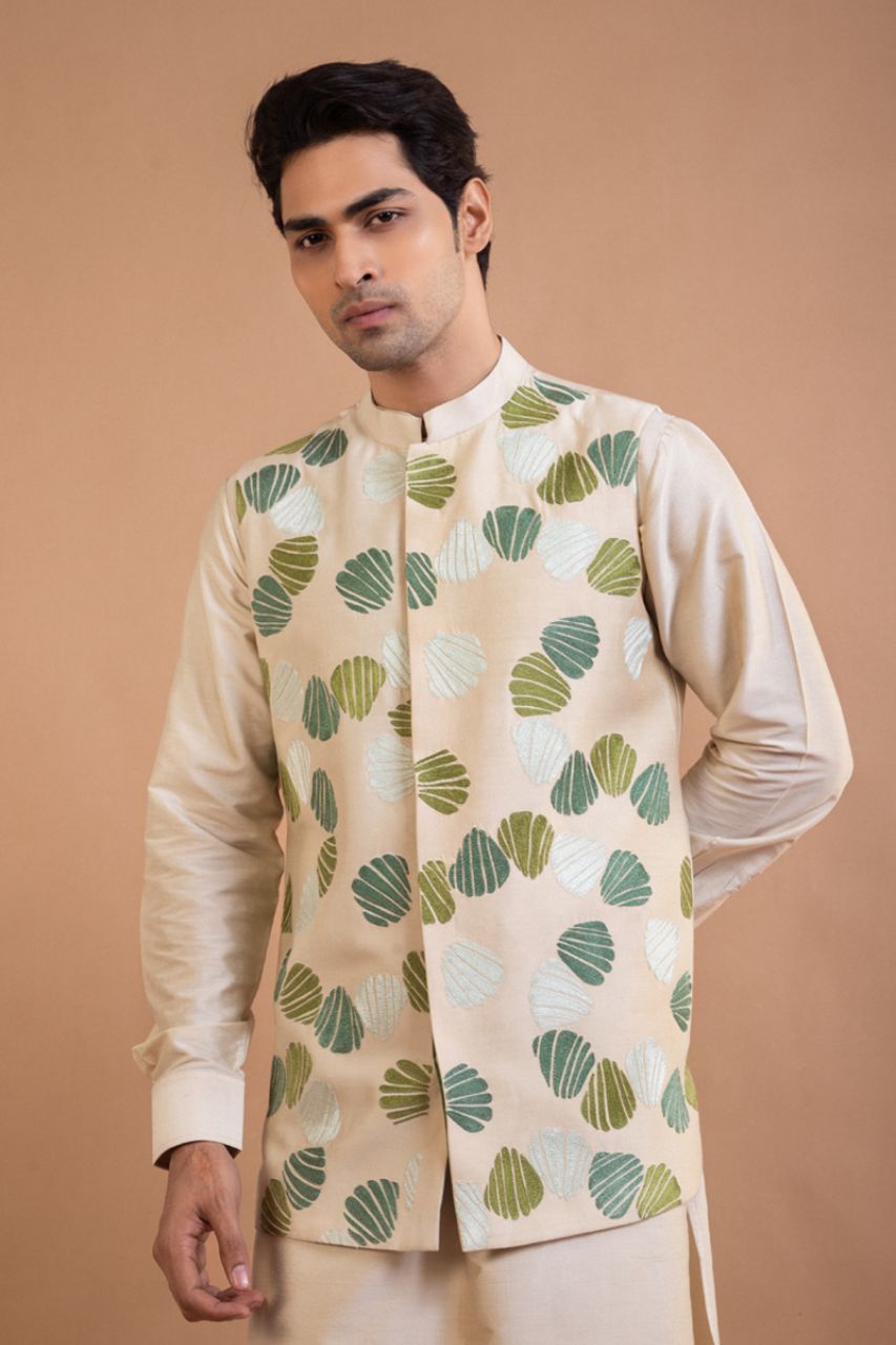 Beige Plain Kurta With Quirky Emroidered Bundi Churidar Set