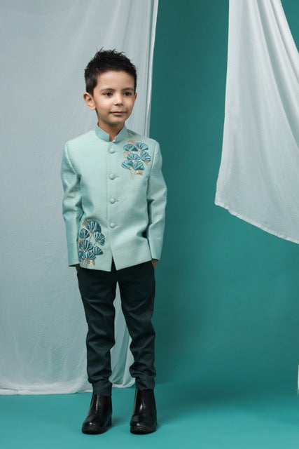 Aqua Green Prince Coat With Flower Embroidery With Pant Set