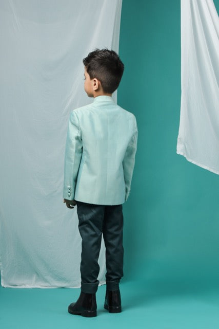 Aqua Green Prince Coat With Flower Embroidery With Pant Set