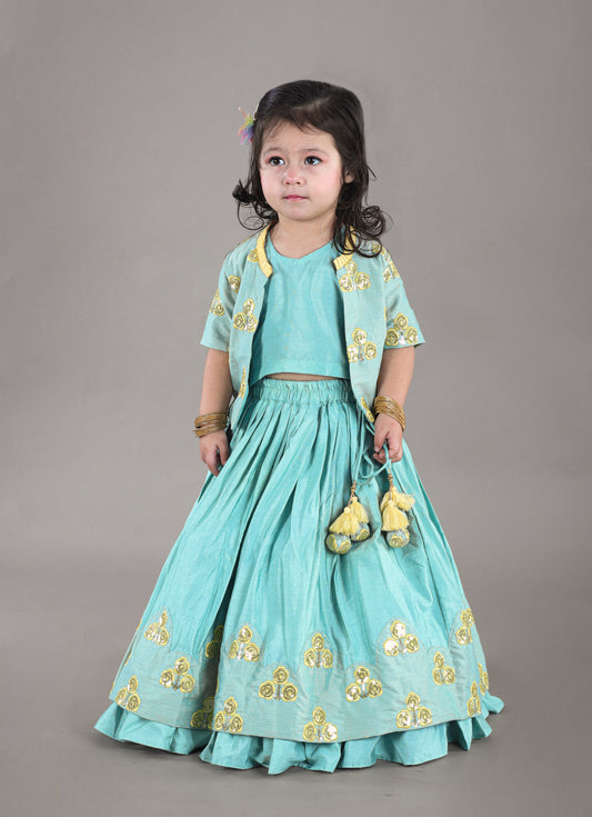 Aqua Green Flower Embroidered Blouse And Ghagara Set