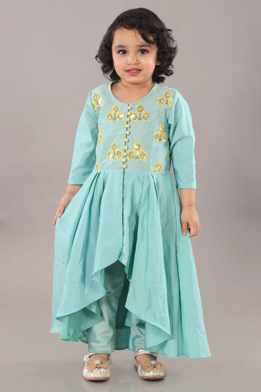 Aqua Green Anarkali With Flower Embroidery With Bottom Set