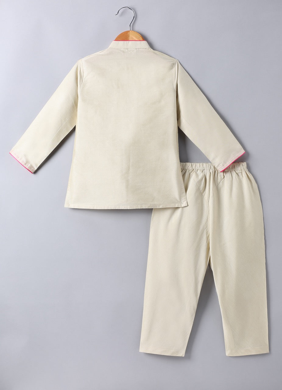 Beidge Heavy Appliqu Embroidered Attached Open Jacket And KurtaWith Pajama Set
