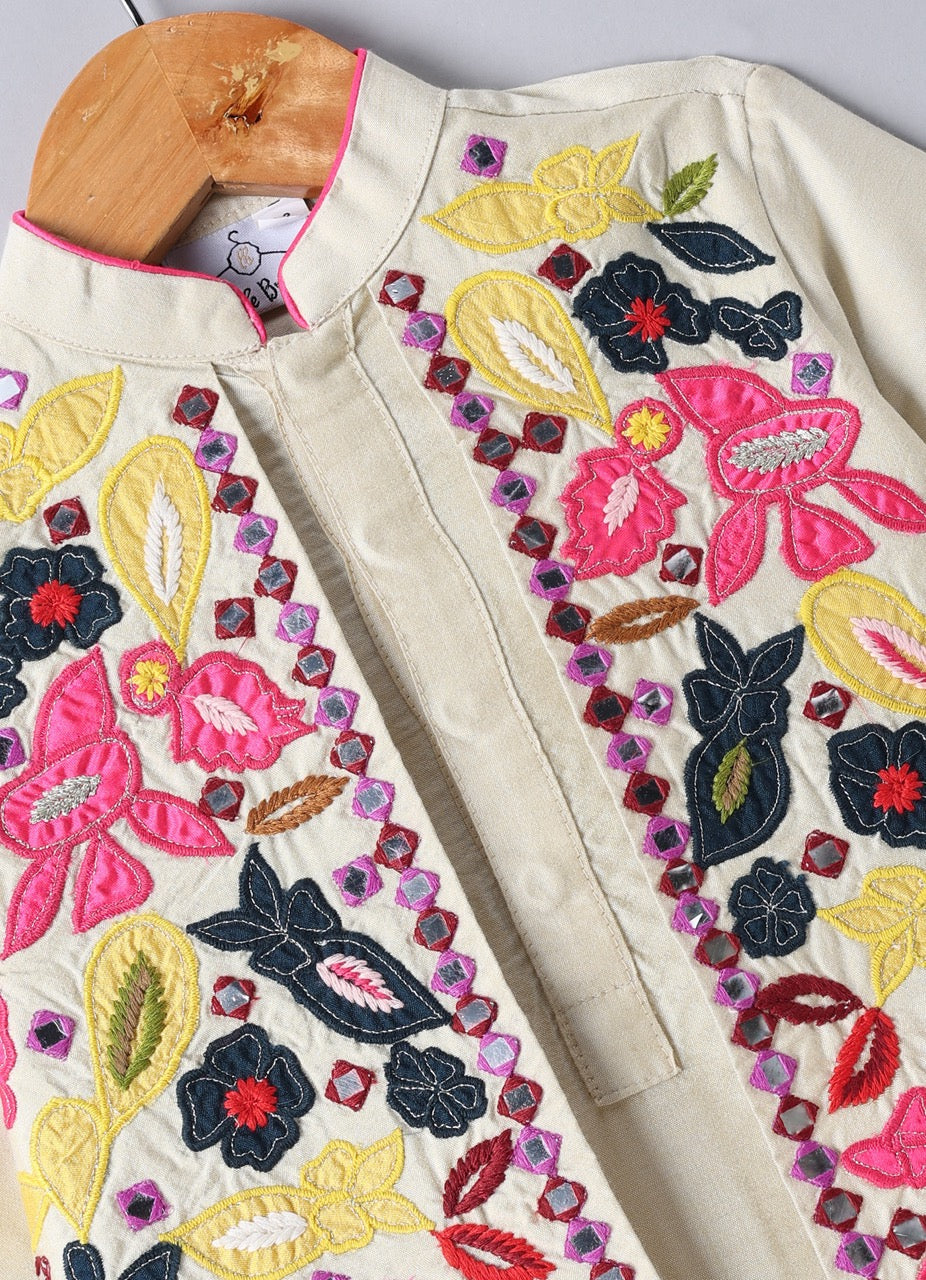 Beidge Heavy Appliqu Embroidered Attached Open Jacket And KurtaWith Pajama Set