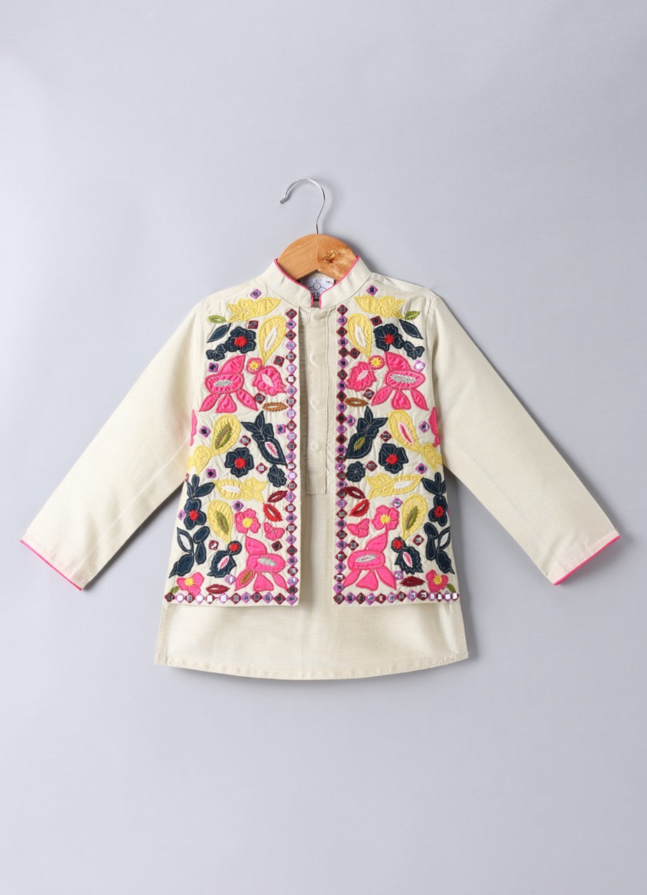 Beidge Heavy Appliqu Embroidered Attached Open Jacket And KurtaWith Pajama Set