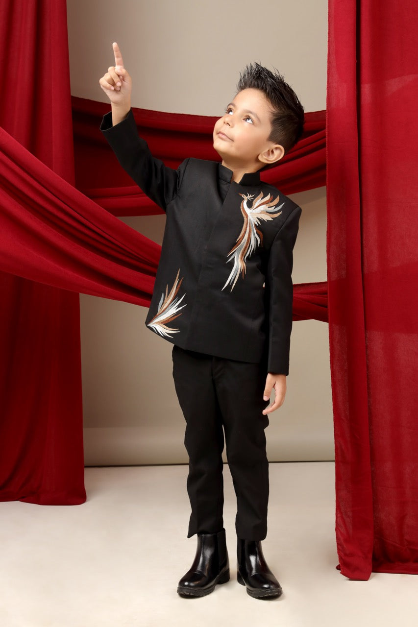 Black Prince Coat Phoenix Multicolour Embroidery With Pant Set
