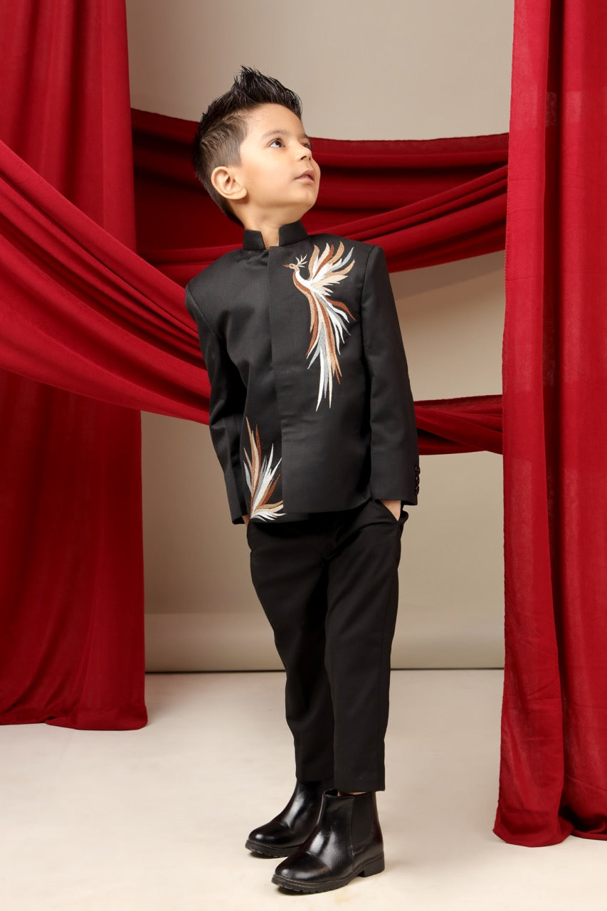 Black Prince Coat Phoenix Multicolour Embroidery With Pant Set