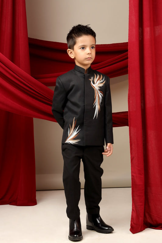 Black Prince Coat Phoenix Multicolour Embroidery With Pant Set