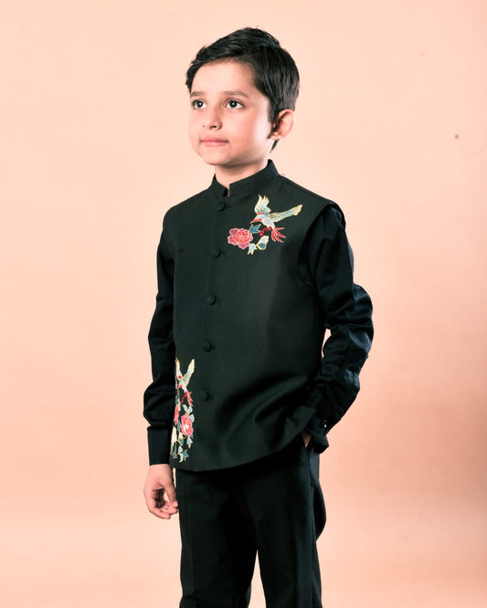 Black Shirt With Colourful Bird And Flower Embroidery Bundi Jacket With Pant Set