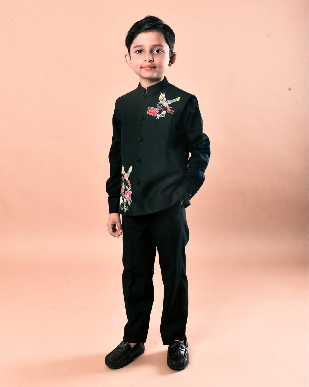 Black Shirt With Colourful Bird And Flower Embroidery Bundi Jacket With Pant Set