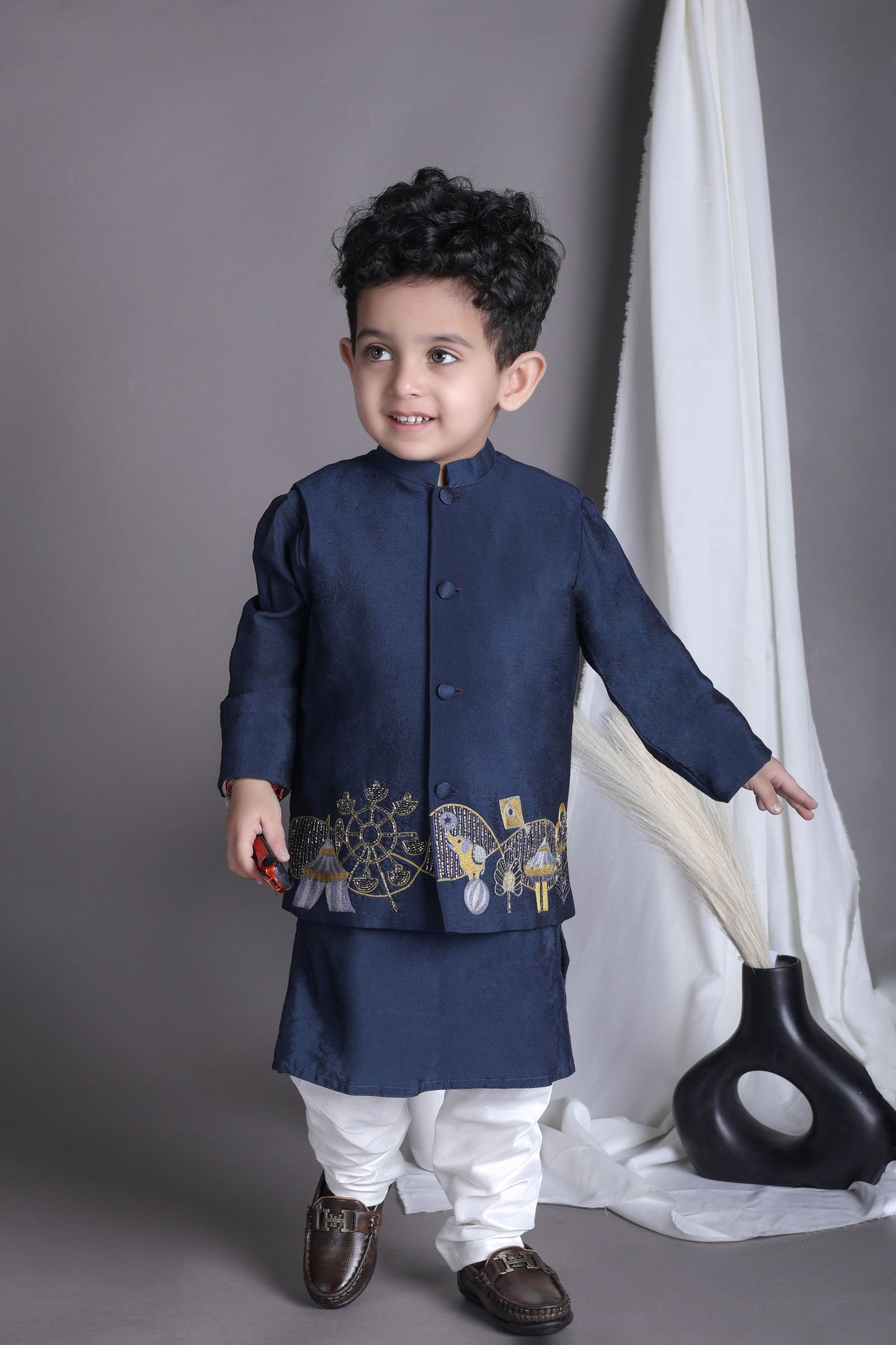 Blue Kurta With Carnival Hand Embroidery Bandhgala And Pajama Set