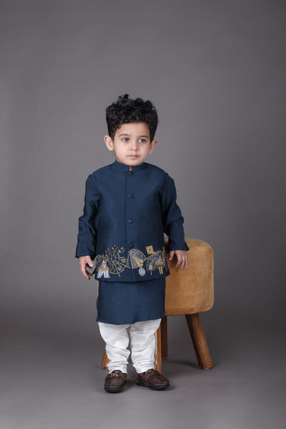 Blue Kurta With Carnival Hand Embroidery Bandhgala And Pajama Set